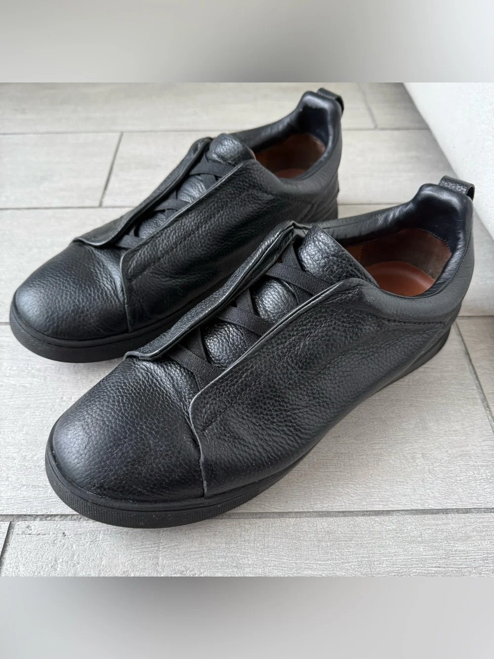 Triple Stitch Black Leather Men's Sneakers
